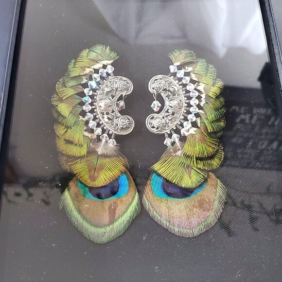 Vintage ASHLOCK Peacock Feather Earrings Art Framed Wall Decor Shadow Box - Picture 2 of 10
